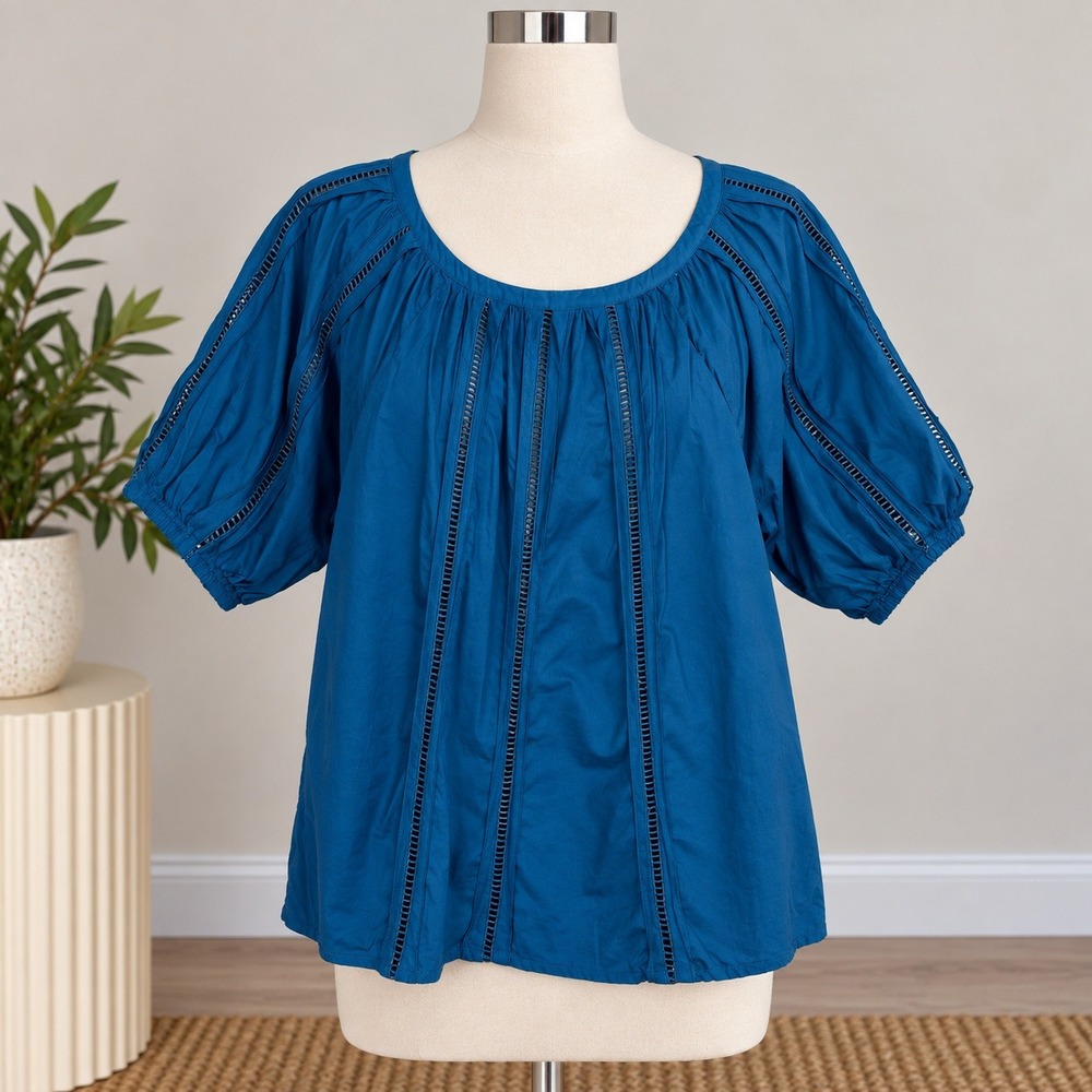 LOFT Blouse Teal Blue Ladder Lace Crochet Trim Puff Sleeve Boho Top Sz Medium
